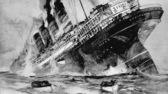 Aquarell vom Untergang der Lusitania von Charles Dixon, 1915.
