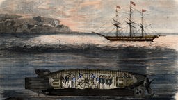 Gemälde des ersten deutschen Tauchboots der 'Gartenlaube' des Erfinders Wilhem Brauer
