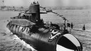 Das US-Atom-U-Boot "George Washington" beim Stapellauf 1959