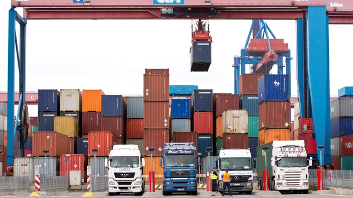Fracht-Container und LKW auf einem Umschlagbahnhof | Bildquelle: dpa/Christian Charisius Fracht-Container und LKW auf einem Umschlagbahnhof
