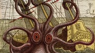 Zeichnung: Ein Riesenkraken greift ein Segelschiff an