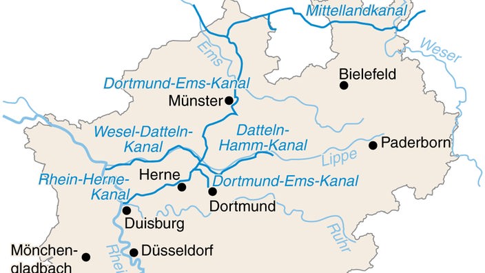 Karte mit den Kanälen von Nordrhein-Westfalen
