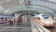 Zwei Lokomotiven in einem Hauptbahnhof