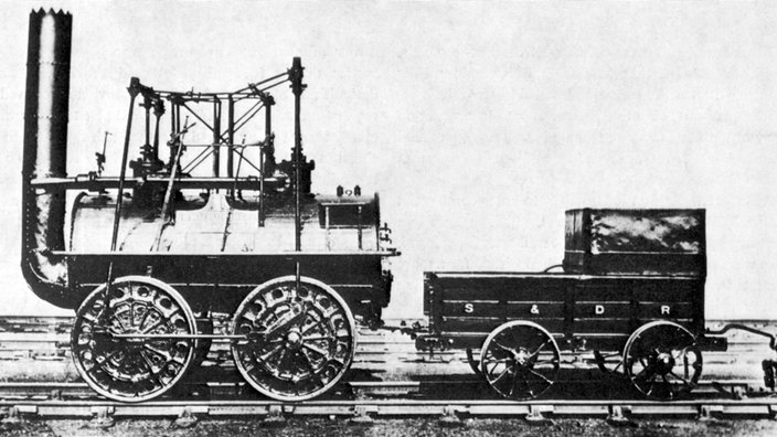 Schwarzweiß-Bild der Lokomotive "Locomotion" | Bildquelle: AKG/Science Source Schwarzweiß-Bild der Lokomotive "Locomotion"