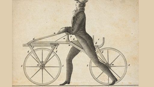 Technische Zeichnung: Ein Mann auf der Draisine | Bildquelle: Badische Landesbibliothek Karlsruhe Technische Zeichnung: Ein Mann auf der Draisine