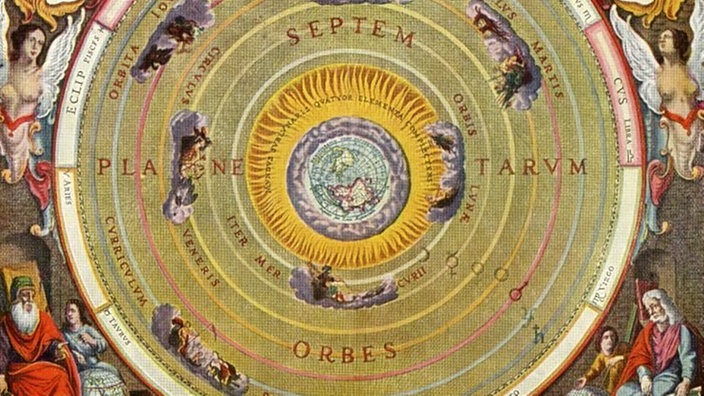 Mittelalterliche Zeichnung mit der Erde im Mittelpunkt, um die zahlreiche, beständig größer werdende Kreise gezeichnet sind, die die Bahnen der Planeten und der Sonne symbolisieren | Bildquelle: Interfoto/Sammlung Rauch Mittelalterliche Zeichnung mit der Erde im Mittelpunkt, um die zahlreiche, beständig größer werdende Kreise gezeichnet sind, die die Bahnen der Planeten und der Sonne symbolisieren