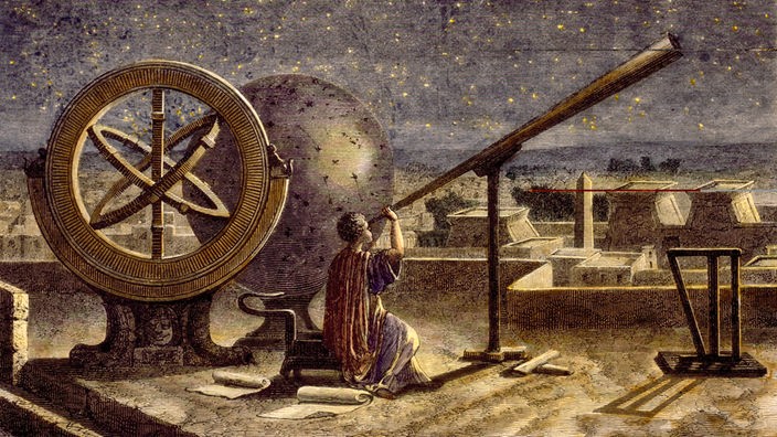 Zeichnung: Hipparchos auf der Sternwarte von Alexandrien (um 190 v.Chr. - 125 v.Chr.) 