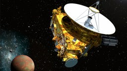 Künstlerische Darstellung der Sonde 'New Horizons', die an Pluto vorbeifliegt.