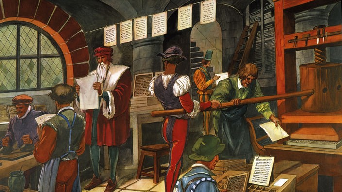 Gemälde: Gutenberg und Mitarbeiter in einer Werkstatt