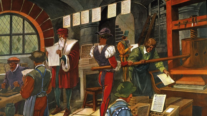 Gemälde: Gutenberg und Mitarbeiter in einer Werkstatt | Bildquelle: akg Gemälde: Gutenberg und Mitarbeiter in einer Werkstatt