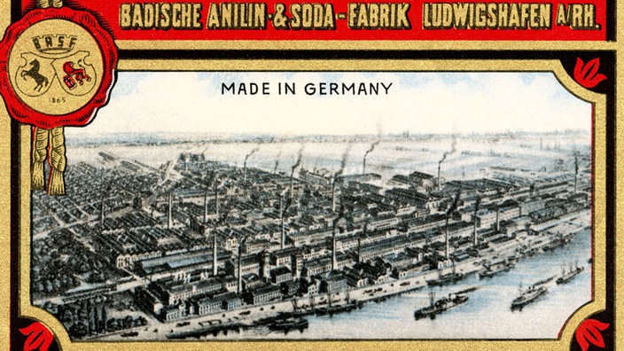 Karte mit Zeichung einer Fabrik und Aufschrift "Badische Anilin- und Sodafabrik Ludwigshafen" | Bildquelle: Interfoto/TV-Yesterday Karte mit Zeichung einer Fabrik und Aufschrift "Badische Anilin- und Sodafabrik Ludwigshafen"