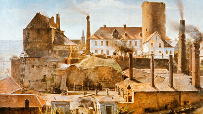 Das Gemälde 'Die Harkortsche Fabrik auf Burg Wetter an der Ruhr' von Alfred Rethel zeigt den ersten Hochofen in Westfalen, der 1826 errichtet wurde.