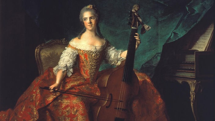 Gemälde: Frau mit Brokatkleid und Cello