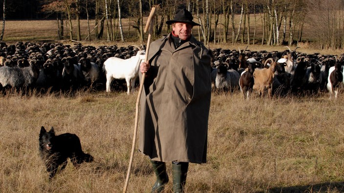 Schäfer mit gefilztem Mantel, Stock und Hund vor seiner Herde.