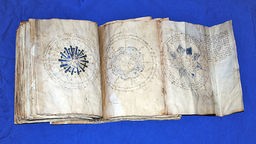 Nachbildung des Voynich-Manuskripts, eine vergrößerte Seite ist aufgeklappt, sodass man drei illustrierte Kreise und die Schrift sieht.