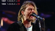 Neben dem Kopf des Sängers Kurt Cobain stehen die Daten: 1967: 1+9+6+7 = 23 und ¿1994: 1+9+9+4 = 23.