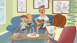 Familie sitzt auf dem Wohnzimmersofa und der Vater spielt Gitarre