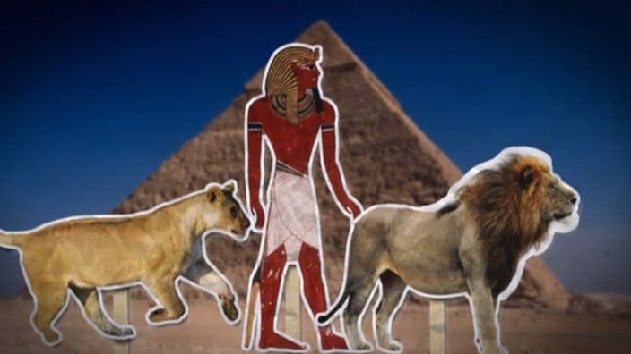 Das Bild zeigt eine Pyramide, einen Löwen und einen Tiger.
